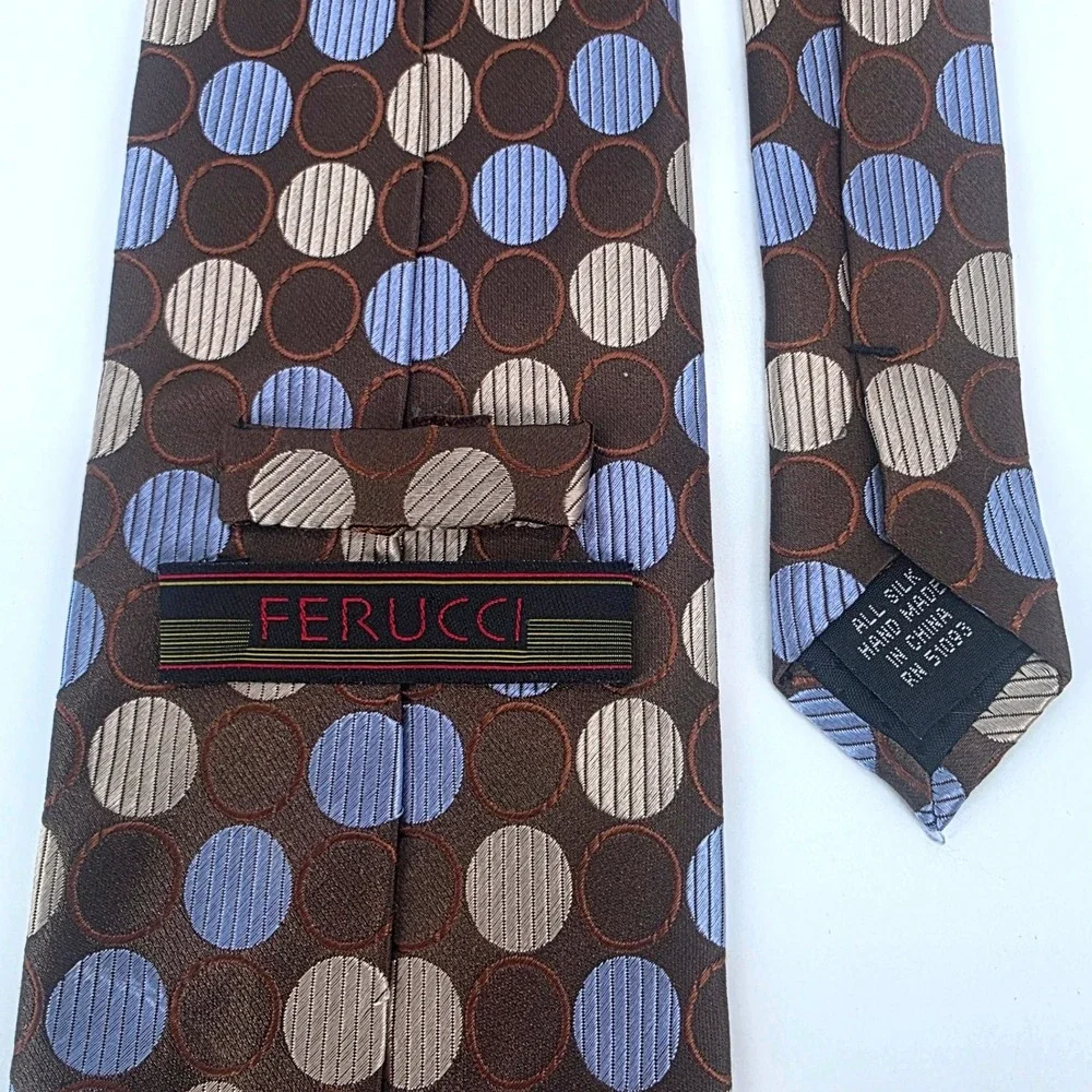Ferucci‎ Mens Silk Necktie Brown Blue Tan Geometric Circle Polka Dot Handmade